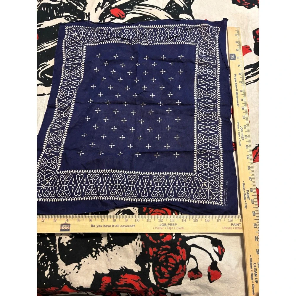 Vintage Navy Blue Cotton Bandana RN 14193 Geometric Cross Pattern Neckerchief